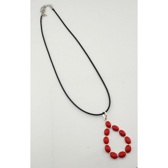 Flirty and Fun Red Coral Teardrop Necklace with Black Leather Cable Chain - Picture 6 of 8